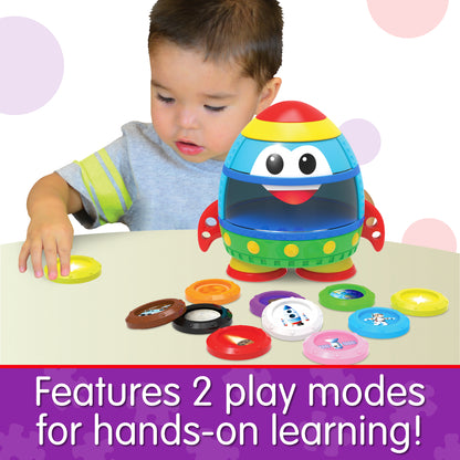 Infographic of young boy playing with Learn With Me Rocket that reads, "Features 2 play modes for hands-on learning!"