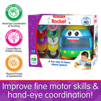 Infographic of Learn With Me Rocket's educational benefits that reads, "Improve fine motor skills and hand-eye coordination!"