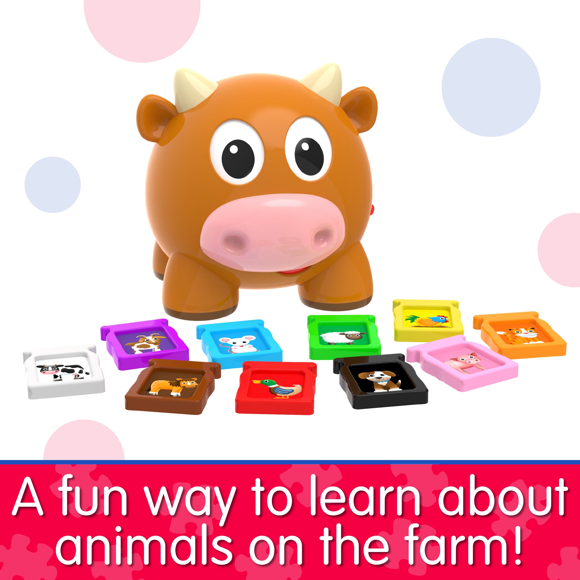 Infographic of Learn With Me Animal Farm Cow that reads, "A fun way to learn about animals on the farm!"