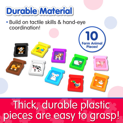 Infographic of Learn With Me Animal Farm Cow pieces that reads, "Thick, durable plastic pieces are easy to grasp!"