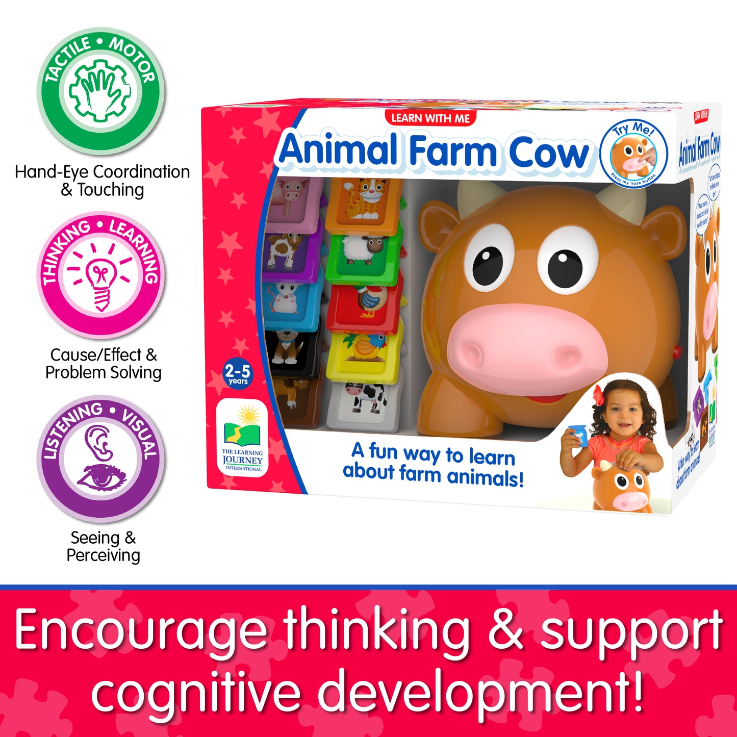 Infographic of Learn With Me Animal Farm Cow's educational benefits that reads, "Encourage thinking and support cognitive development!"