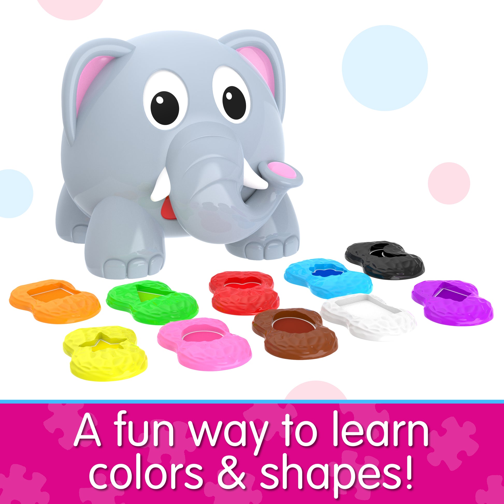 Infographic of Learn With Me Shapes Elephant that reads, "A fun way to learn colors and shapes!"