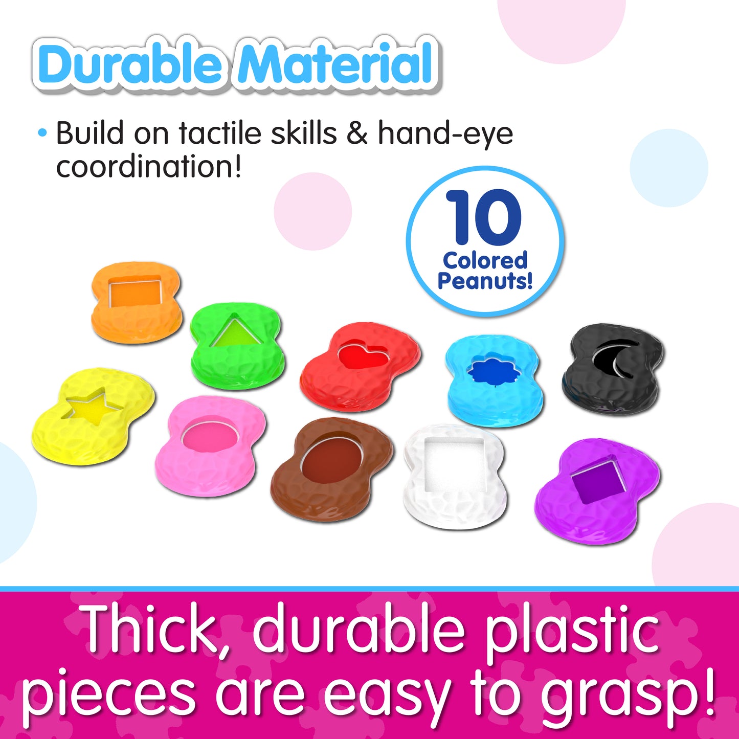 Infographic of Learn With Me Shapes Elephant's pieces that reads, "Thick, durable plastic pieces are easy to grasp!"