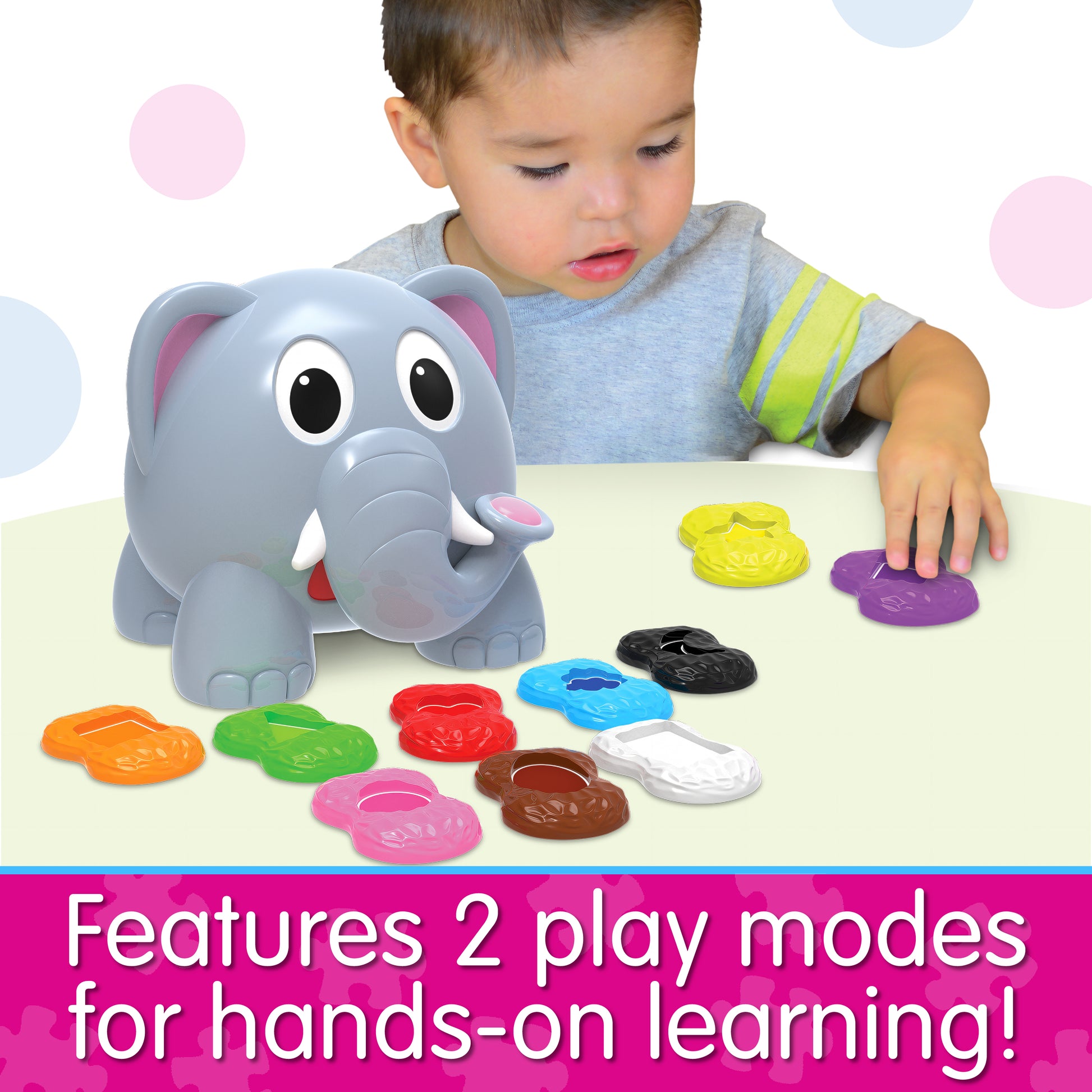Infographic of young boy playing with Learn With Me Shapes Elephant that reads, "Features 2 play modes hands-on learning!"