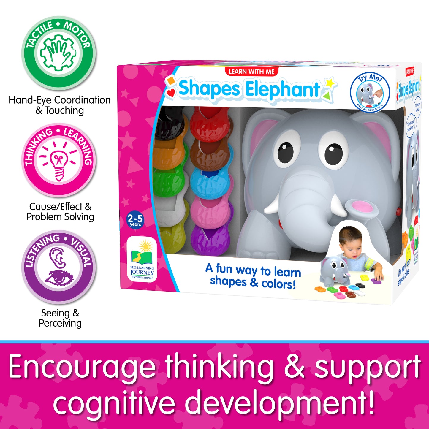 Infographic of Learn With Me Shapes Elephant's educational benefits that reads, "Encourage thinking and support cognitive development!