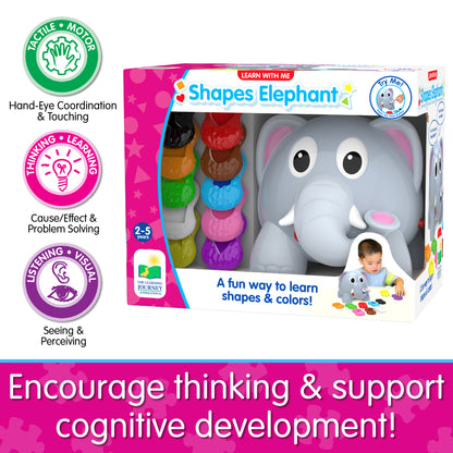 Infographic of Learn With Me Shapes Elephant's educational benefits that reads, "Encourage thinking and support cognitive development!