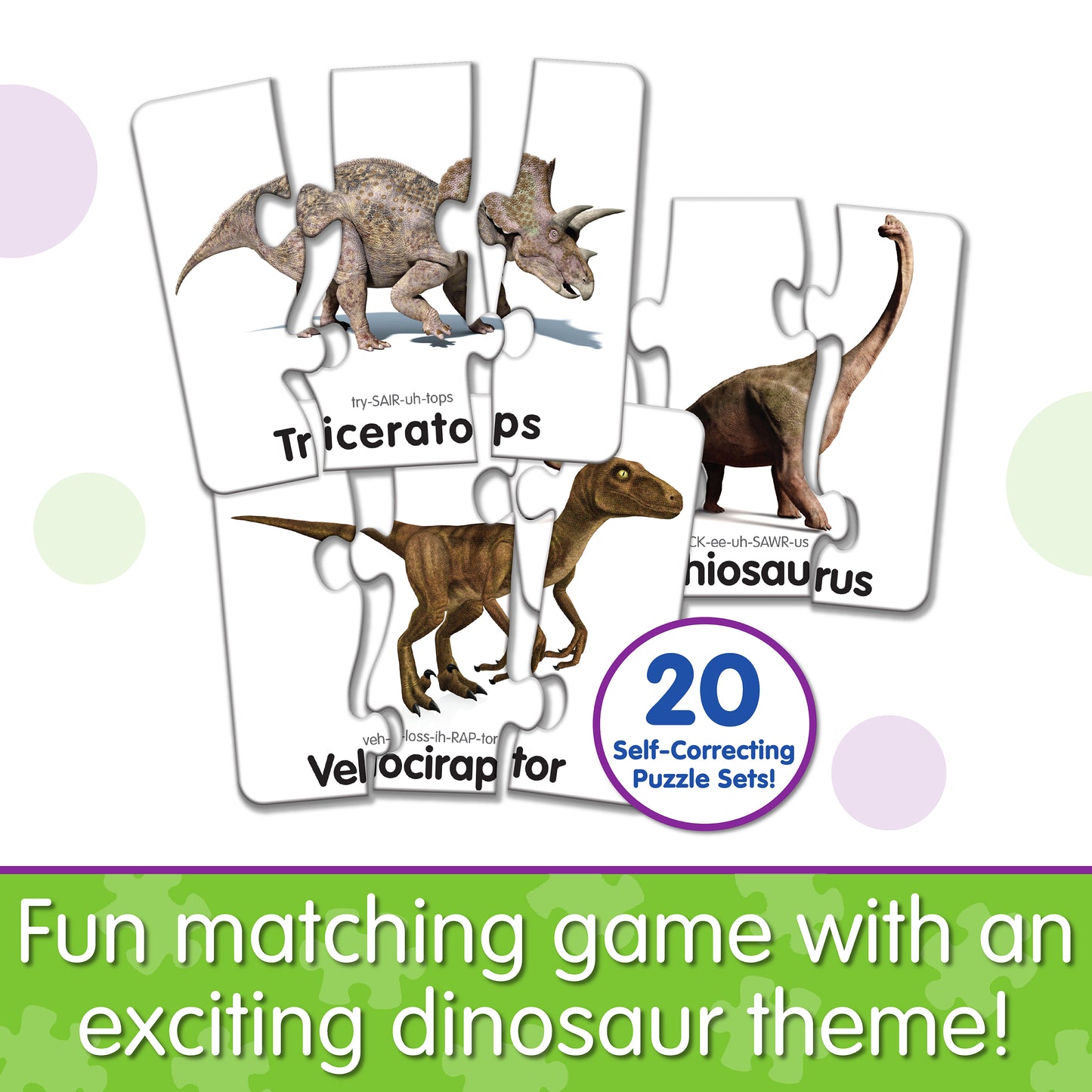 Infographic about Match It - Head to Tail Dinos that says, "Fun matching game with an exciting dinosaur theme!"