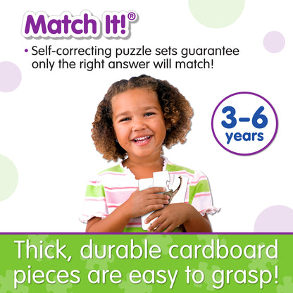 Infographic about Match It - Head to Tail Dinos' features that says, "Thick, durable cardboard pieces are easy to grasp!"