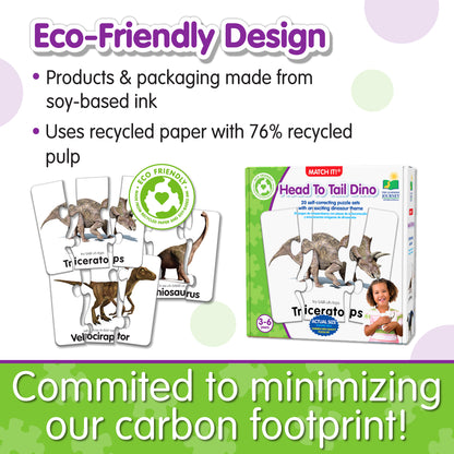 Infographic about Match It - Head to Tail Dinos' eco-friendly design that says, "Committed to minimizing our carbon footprint!"
