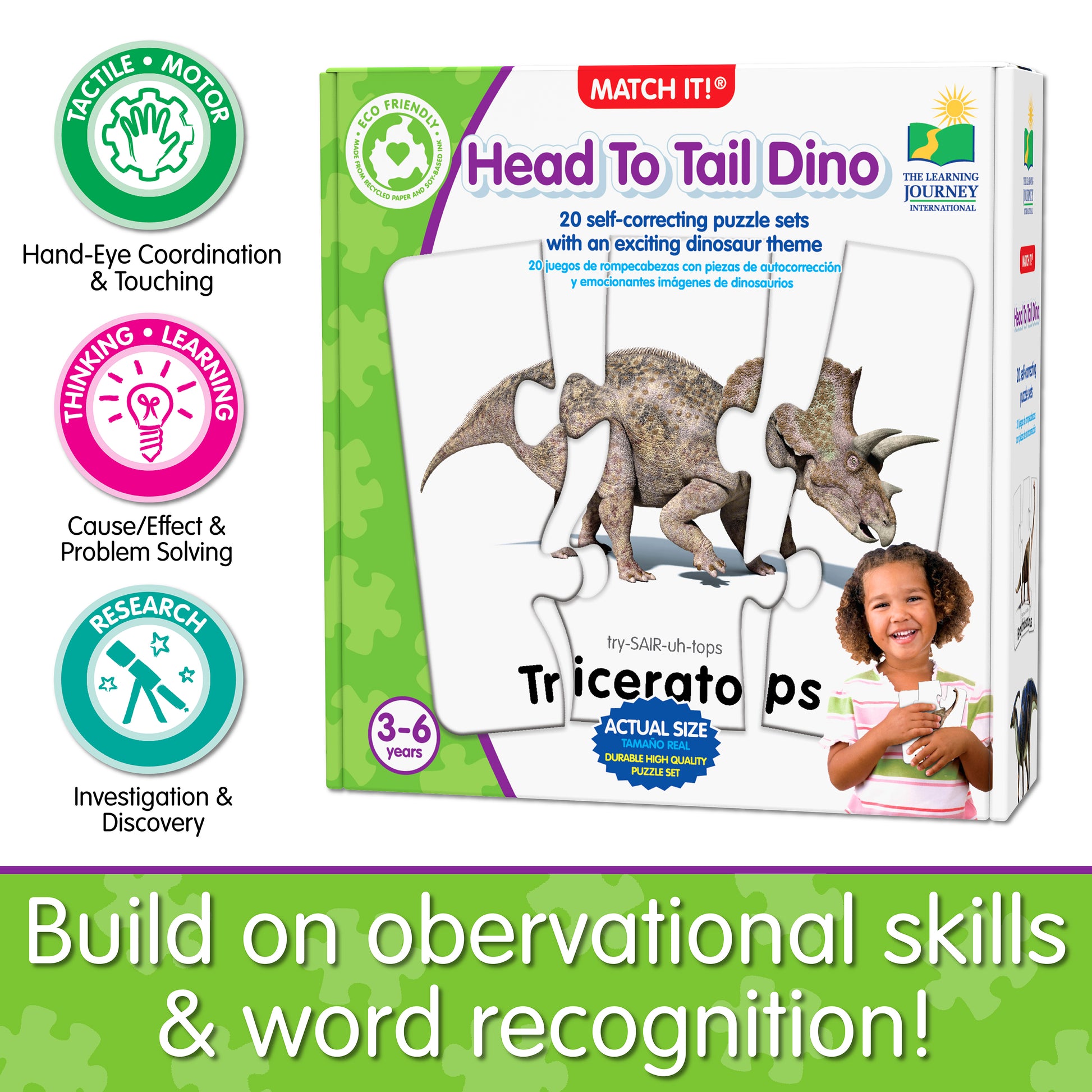 Infographic about Match It - Head to Tail Dinos' educational benefits that says, "Build on observational skills and word recognition!"