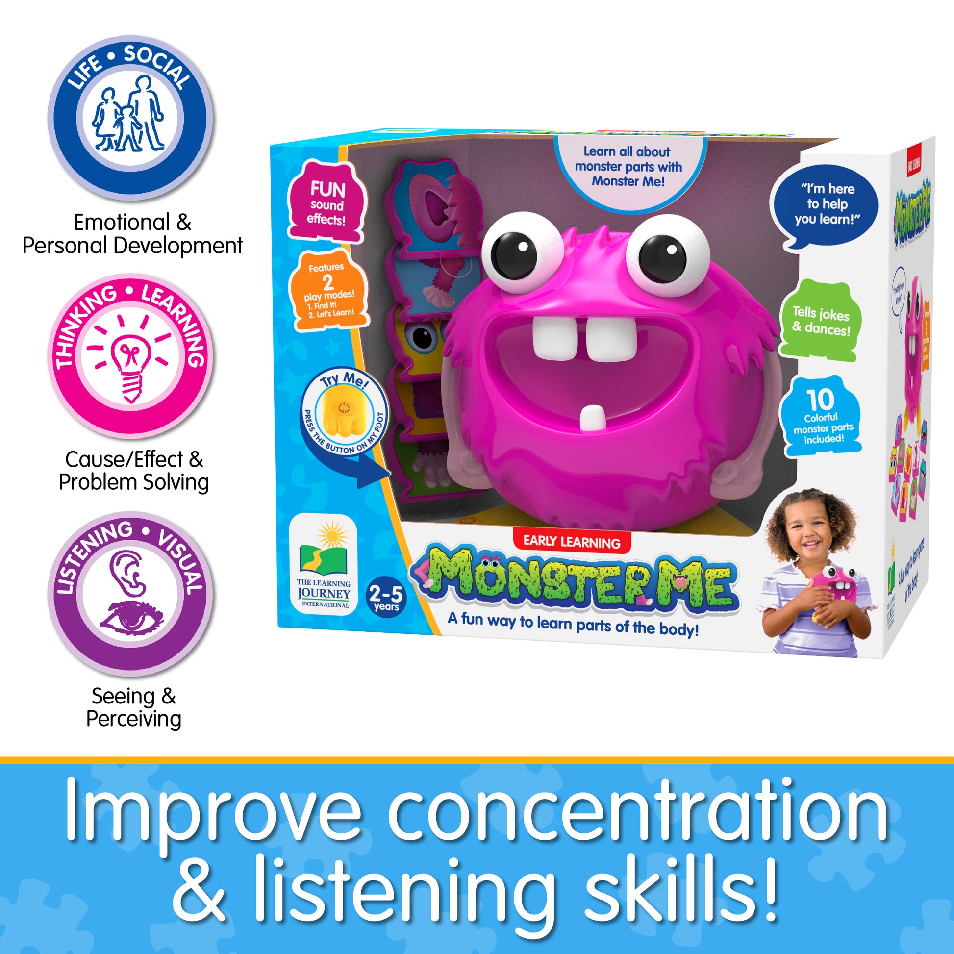 Infographic about Monster Me's educational benefits that says, "Improve concentration and listening skills!"