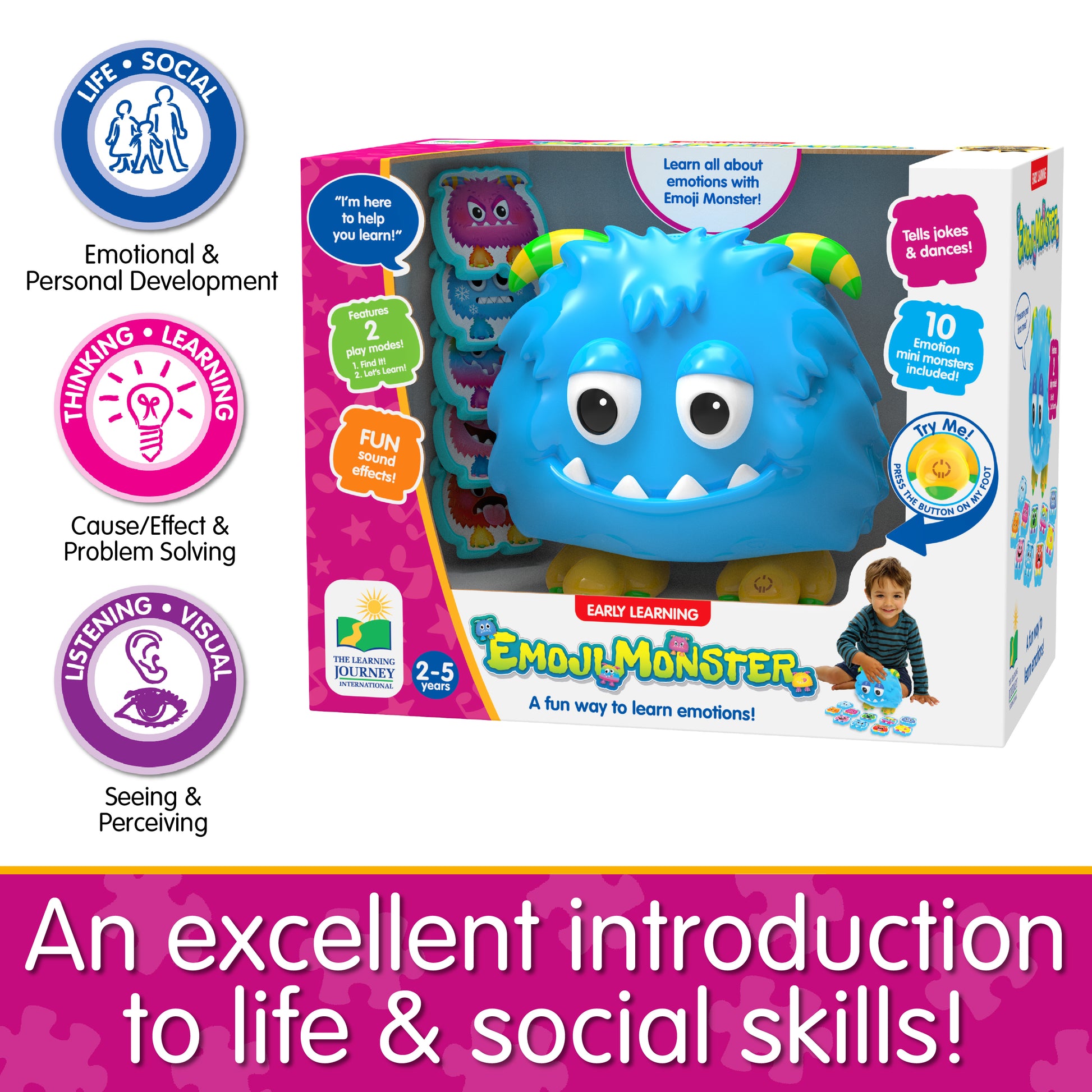 Infographic about Emoji Monster's educational benefits that says, "An excellent introduction to life and social skills!"