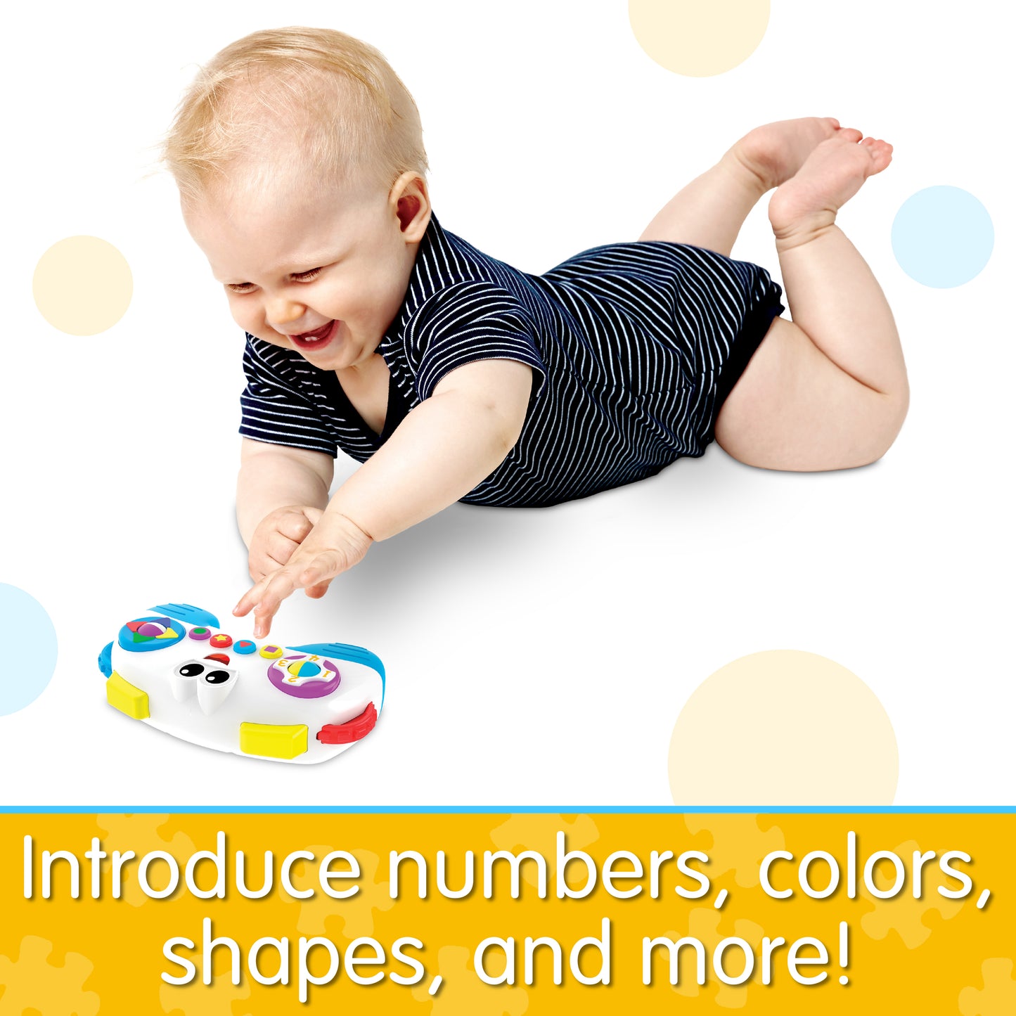 Infographic about On The Go Controller that says, "Introduce numbers, colors, shapes, and more!"