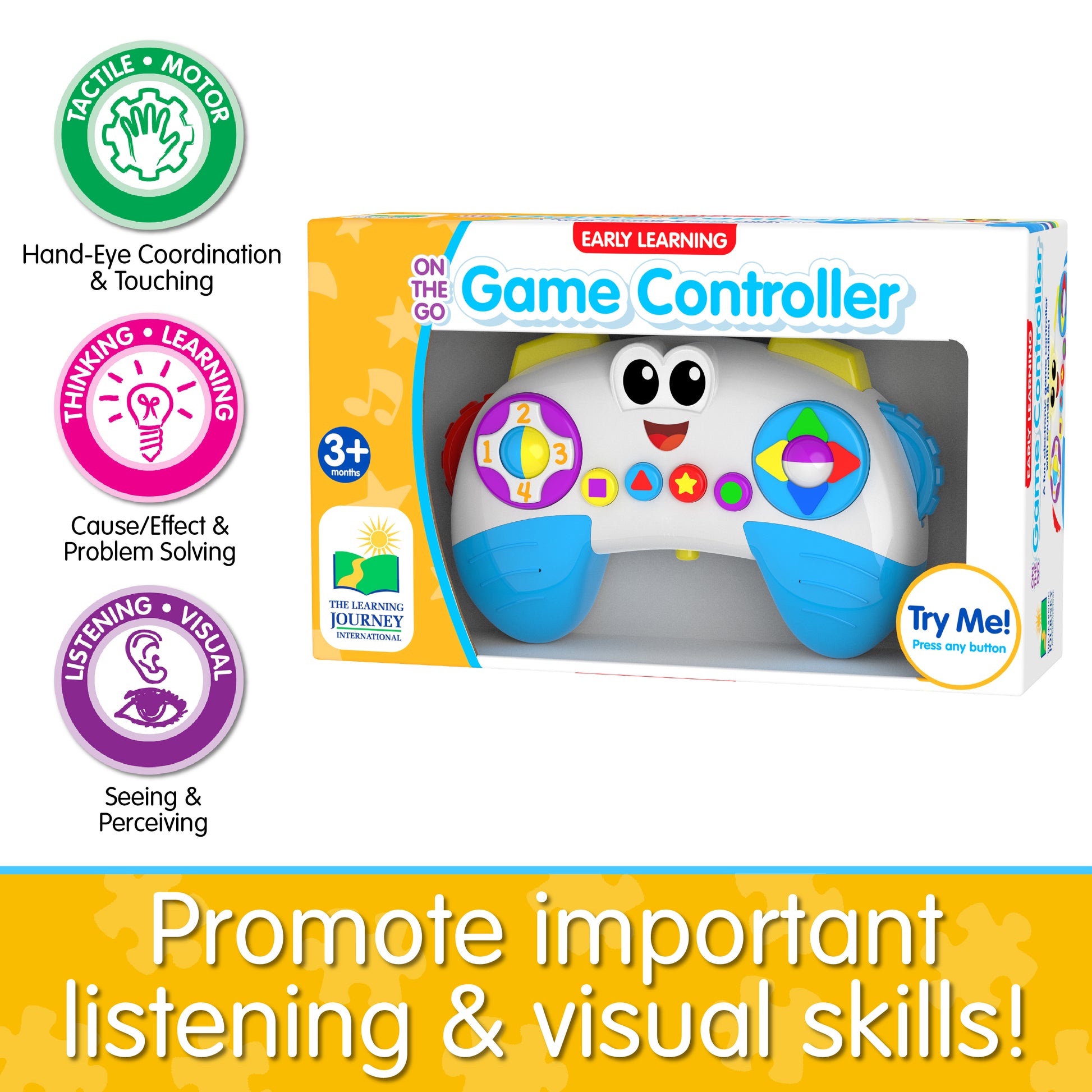 Infographic about On The Go Controller's educational benefits that says, "Promote important listening and visual skills!"