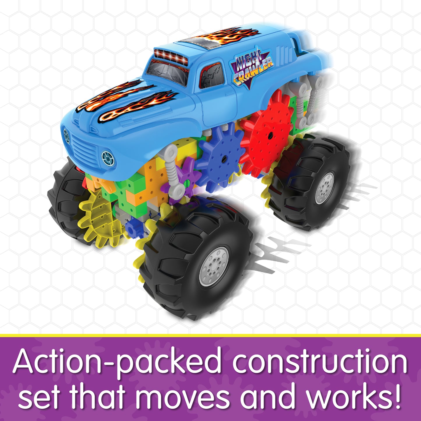 Infographic about Night Crawler that says, "Action-packed construction set that moves and works!"