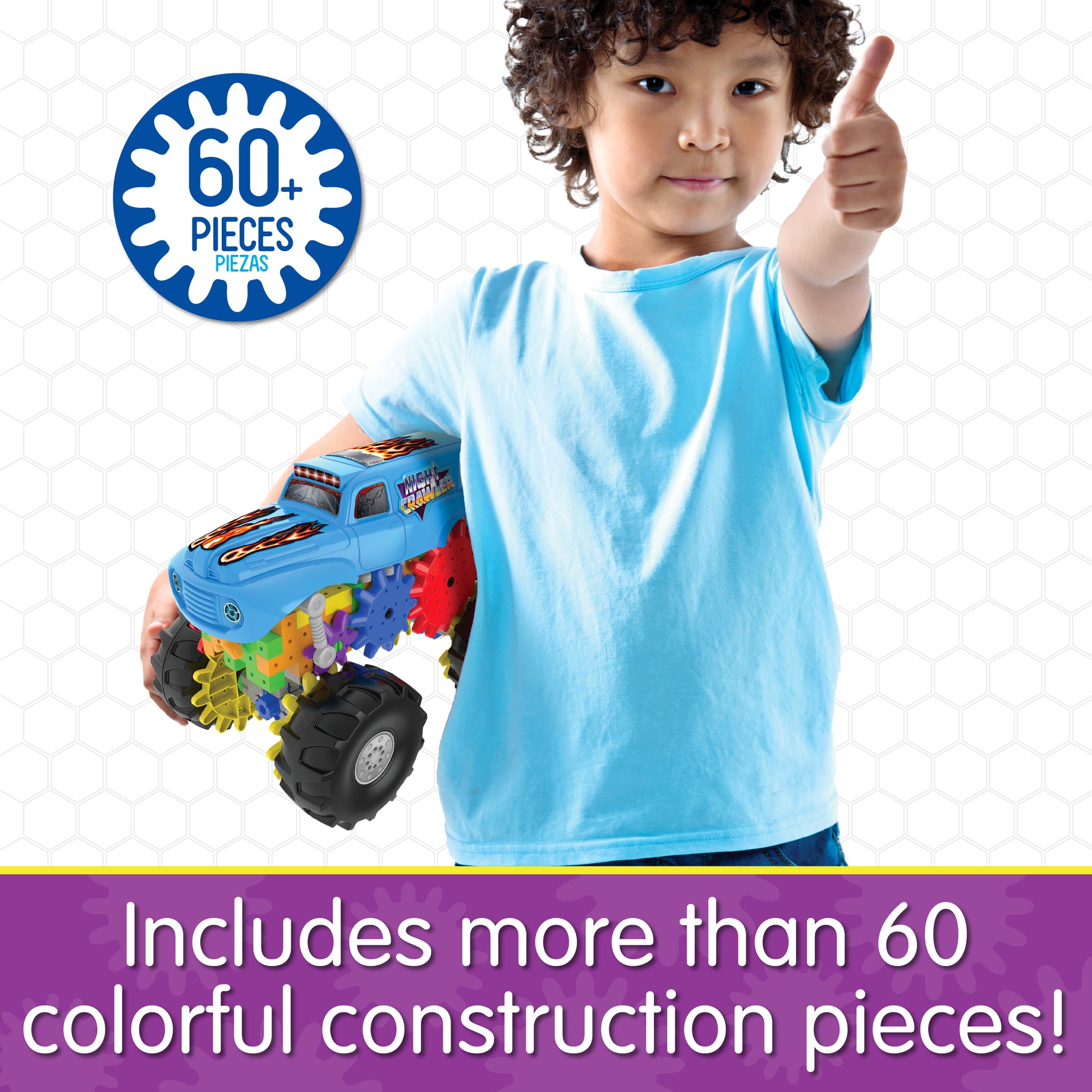 Infographic about Night Crawler that says, "Includes more than 60 colorful construction pieces!"