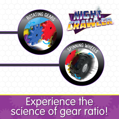 Infographic about Night Crawler's features that says, "Experience the science of gear ratio!"