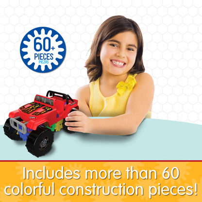 Infographic about Mud Runner that says, "Includes more than 60 colorful construction pieces!"