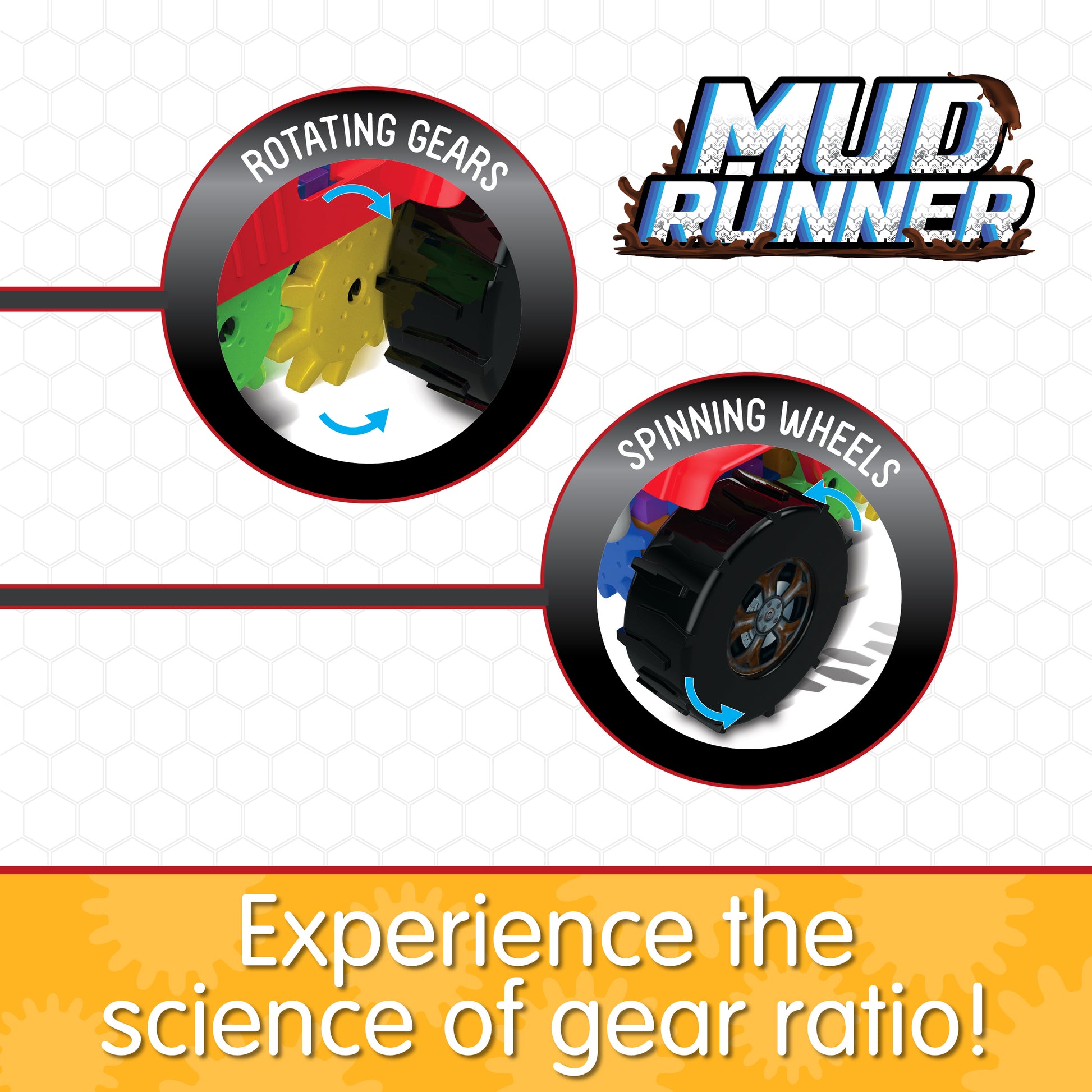 Infographic about Mud Runner's features that says, "Experience the science of gear ratio!"