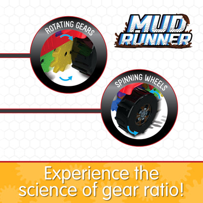 Infographic about Mud Runner's features that says, "Experience the science of gear ratio!"