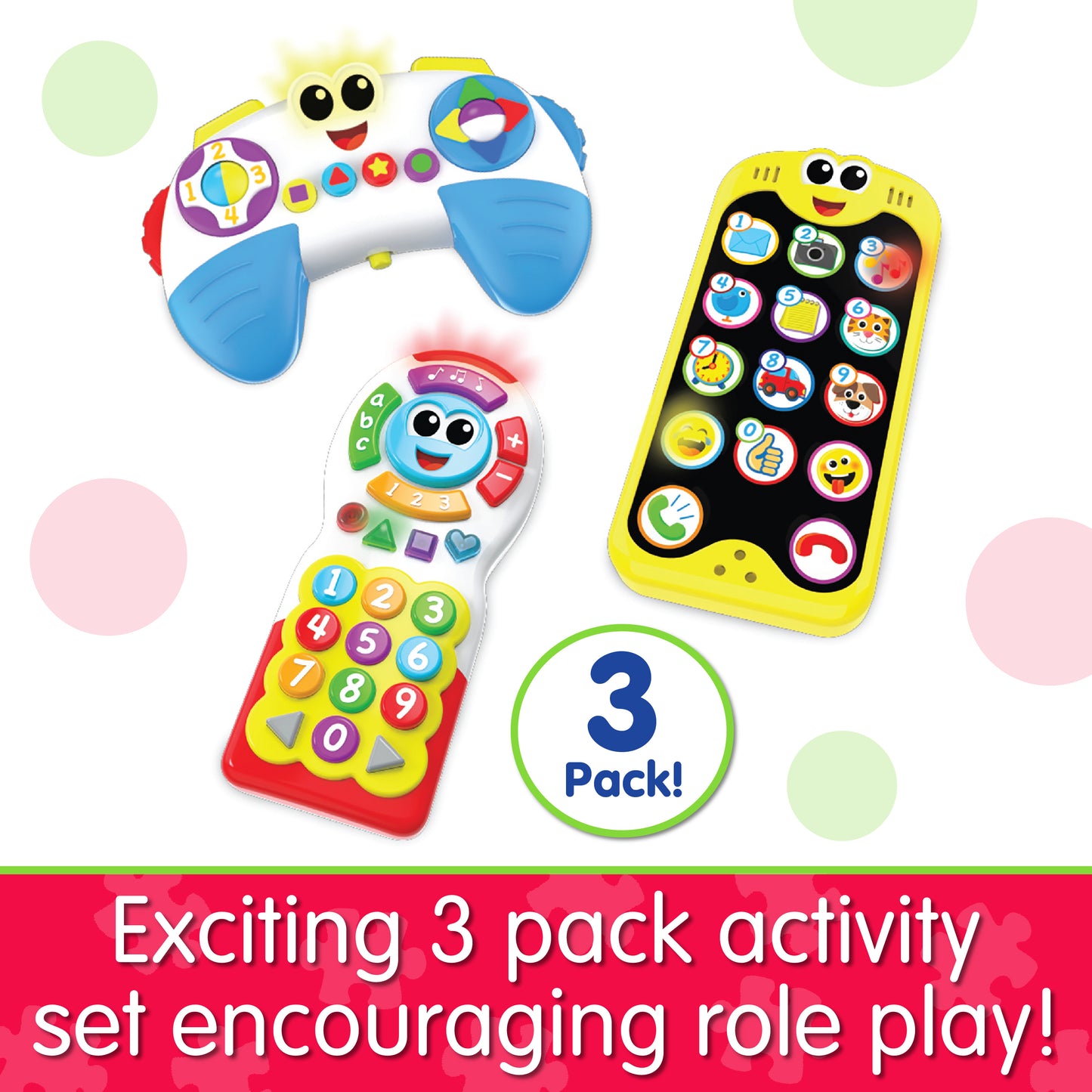 Infographic about On The Go 3 Pack Set that says, "Exciting 3 pack activity set encouraging role play!"