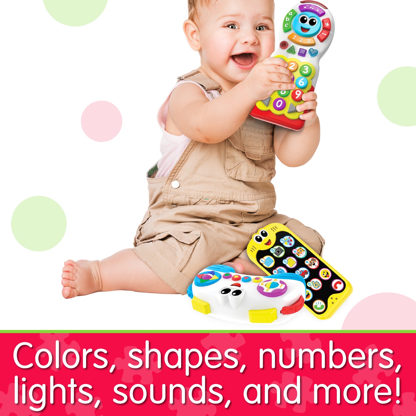 Infographic with baby playing with On The Go 3 Pack Set that says, "Colors, shapes, numbers, lights, sounds, and more!"