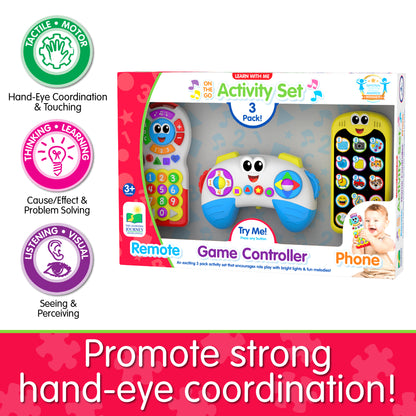 Infographic about On The Go 3 Pack Set's educational benefits that says, "Promote strong hand-eye coordination!"