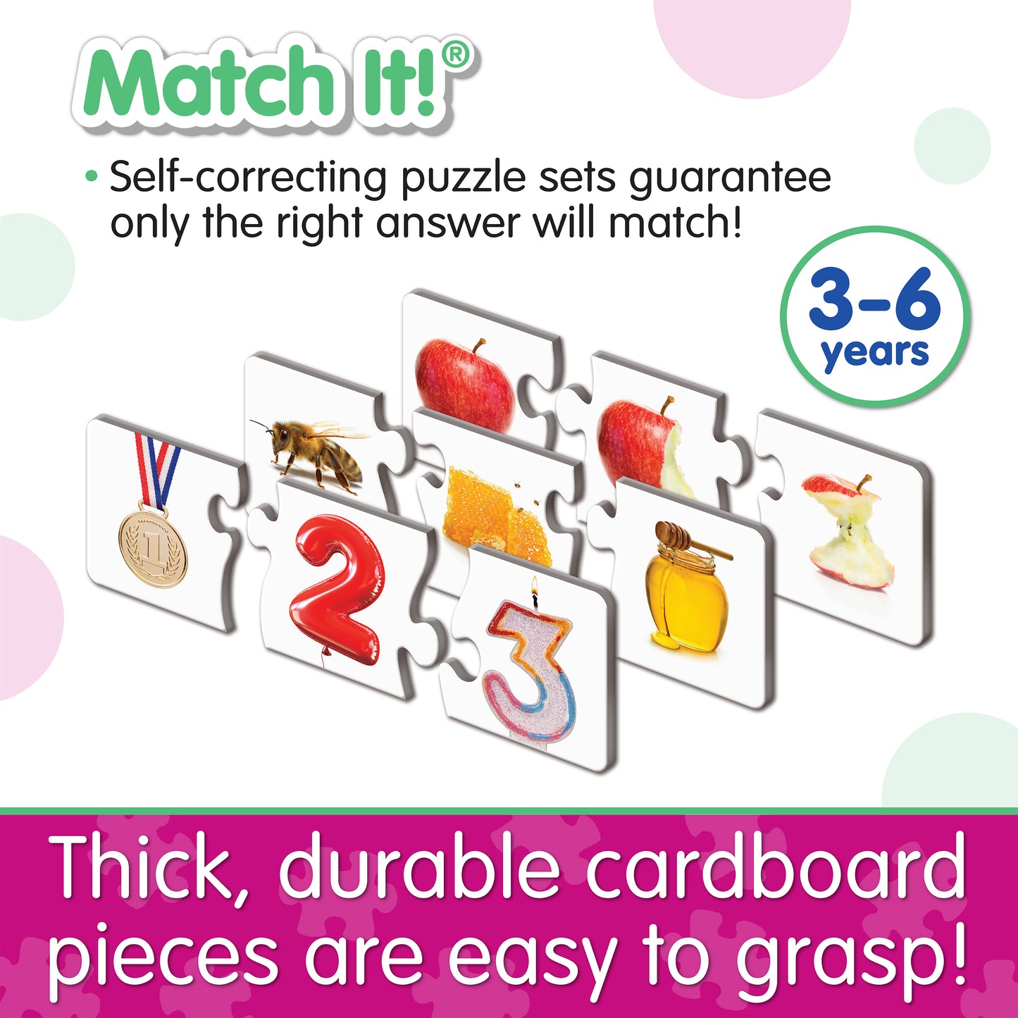 Infographic about Match It - Sequencing's features that says, "Thick, durable cardboard pieces are easy to grasp!"
