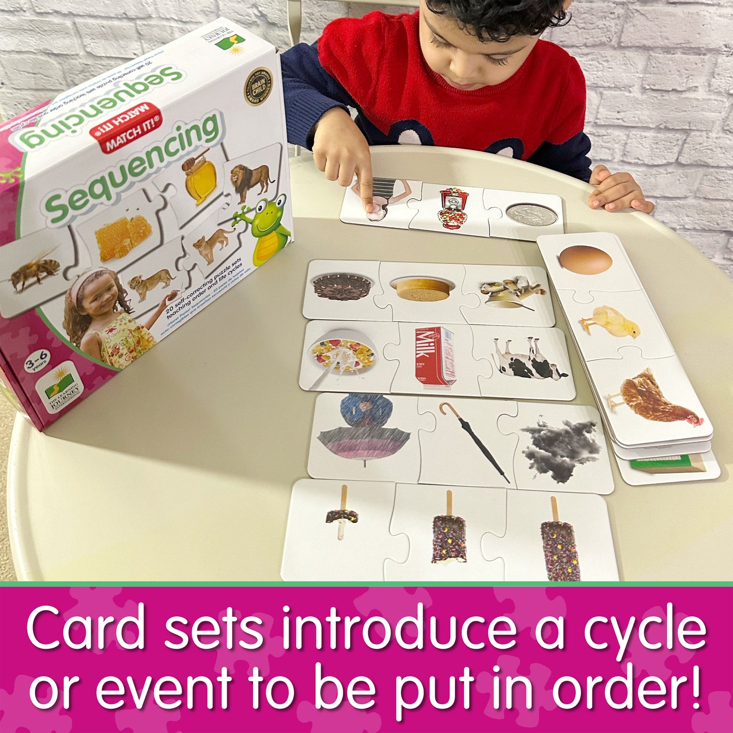 Infographic of boy playing Match It - Sequencing that says, "Card sets introduce a cycle or event to be put in order!"