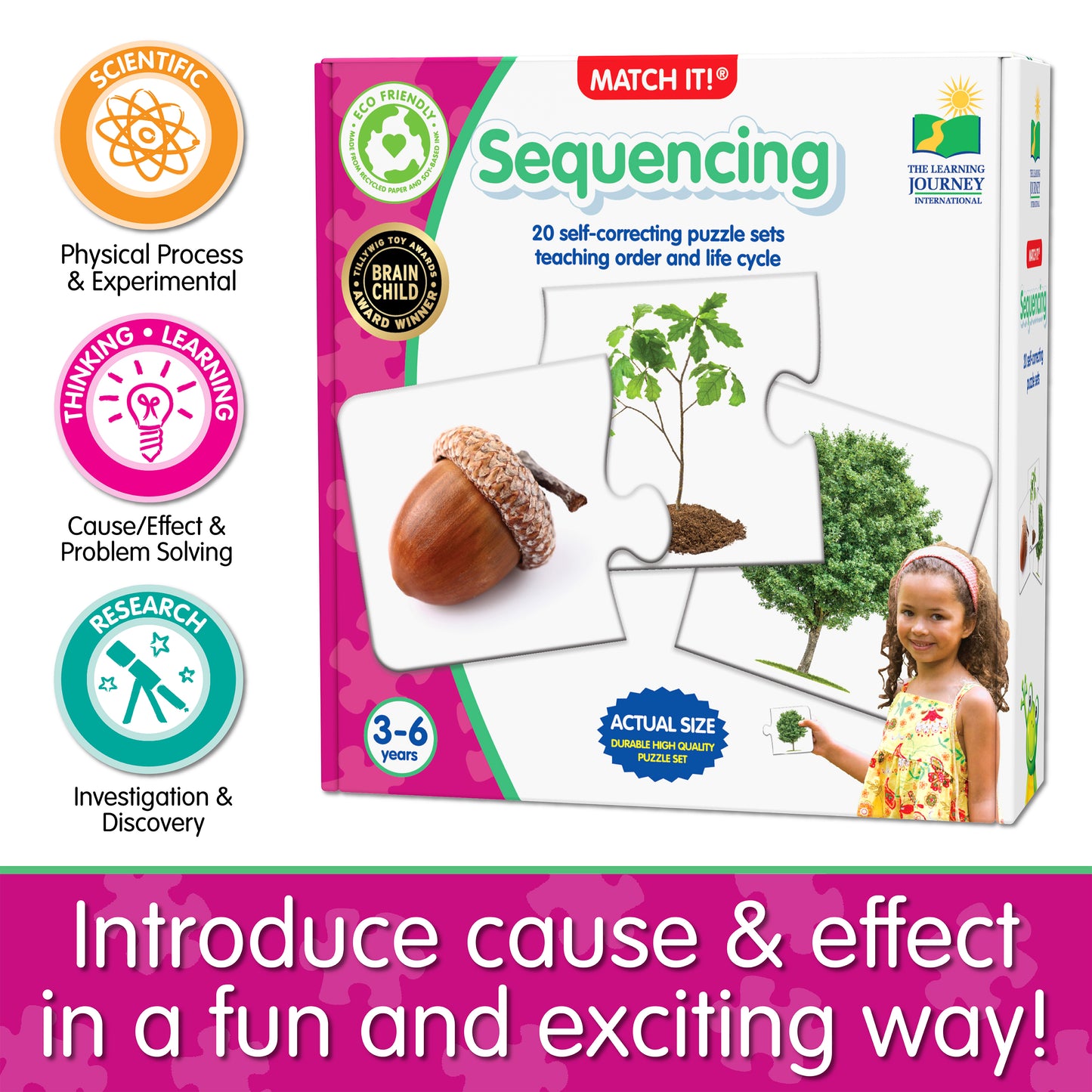 Infographic about Match It - Sequencing's educational benefits that says, "Introduce cause and effect in a fun and exciting way!"