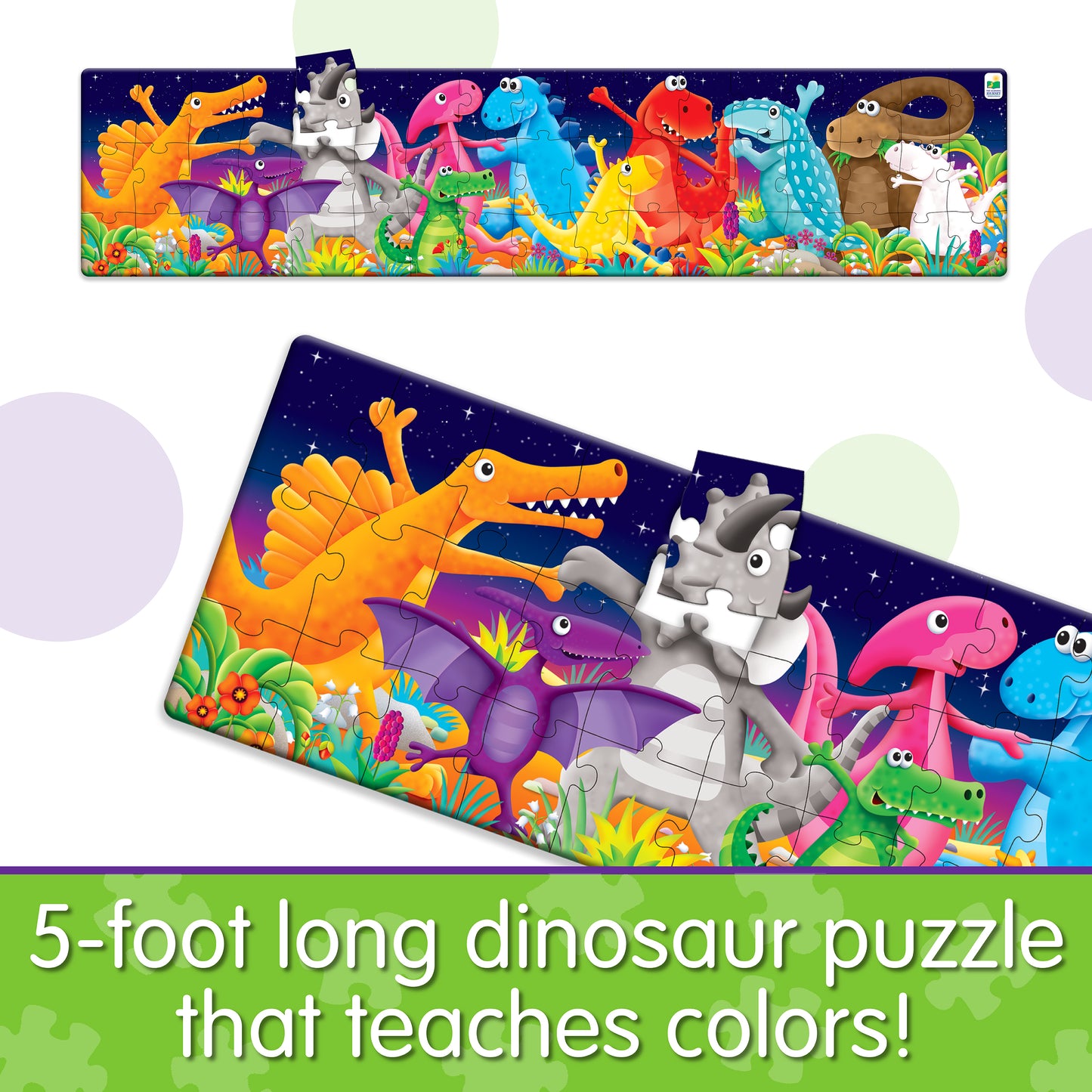 Infographic about Long and Tall Color Dancing Dinos Puzzle that says, "5-foot long dinosaur puzzle that teaches colors!"