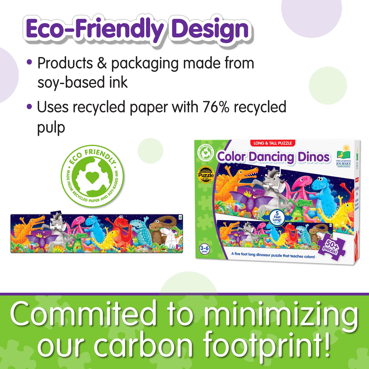 Infographic about Long and Tall Color Dancing Dinos Puzzle's eco-friendly design that says, "Committed to minimizing our carbon footprint!"