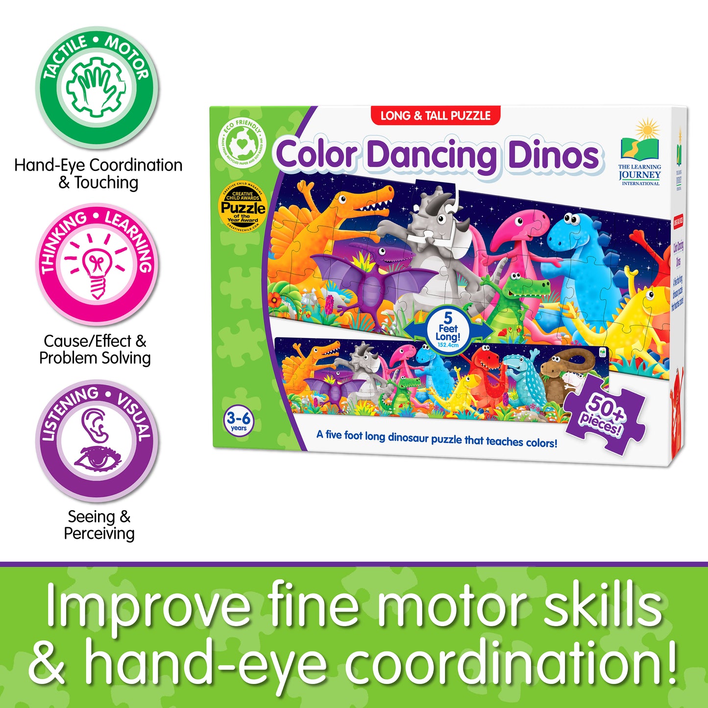 Infographic about Long and Tall Color Dancing Dinos Puzzle's educational benefits that says, "Improve fine motor skills and hand-eye coordination!"