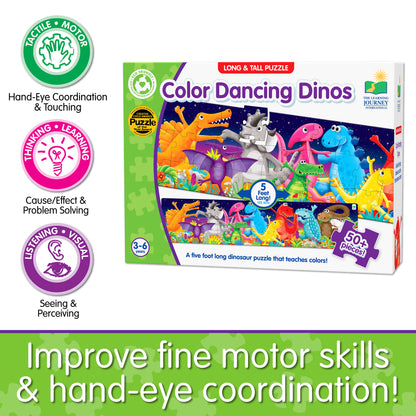 Infographic about Long and Tall Color Dancing Dinos Puzzle's educational benefits that says, "Improve fine motor skills and hand-eye coordination!"