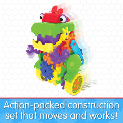 Infographic about Dino Bot that says, "Action-packed construction set that moves and works!"