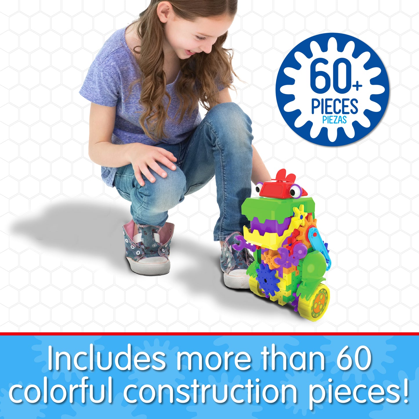 Infographic about Dino Bot that says, "Includes more than 60 colorful construction pieces!"