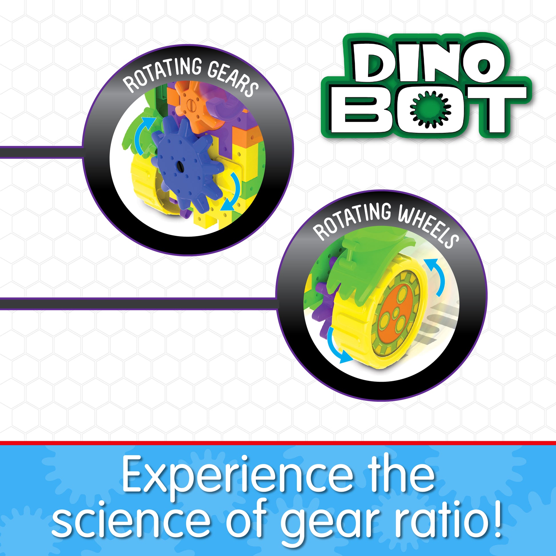 Infographic about Dino Bot's features that says, "Experience the science of gear ratio!"