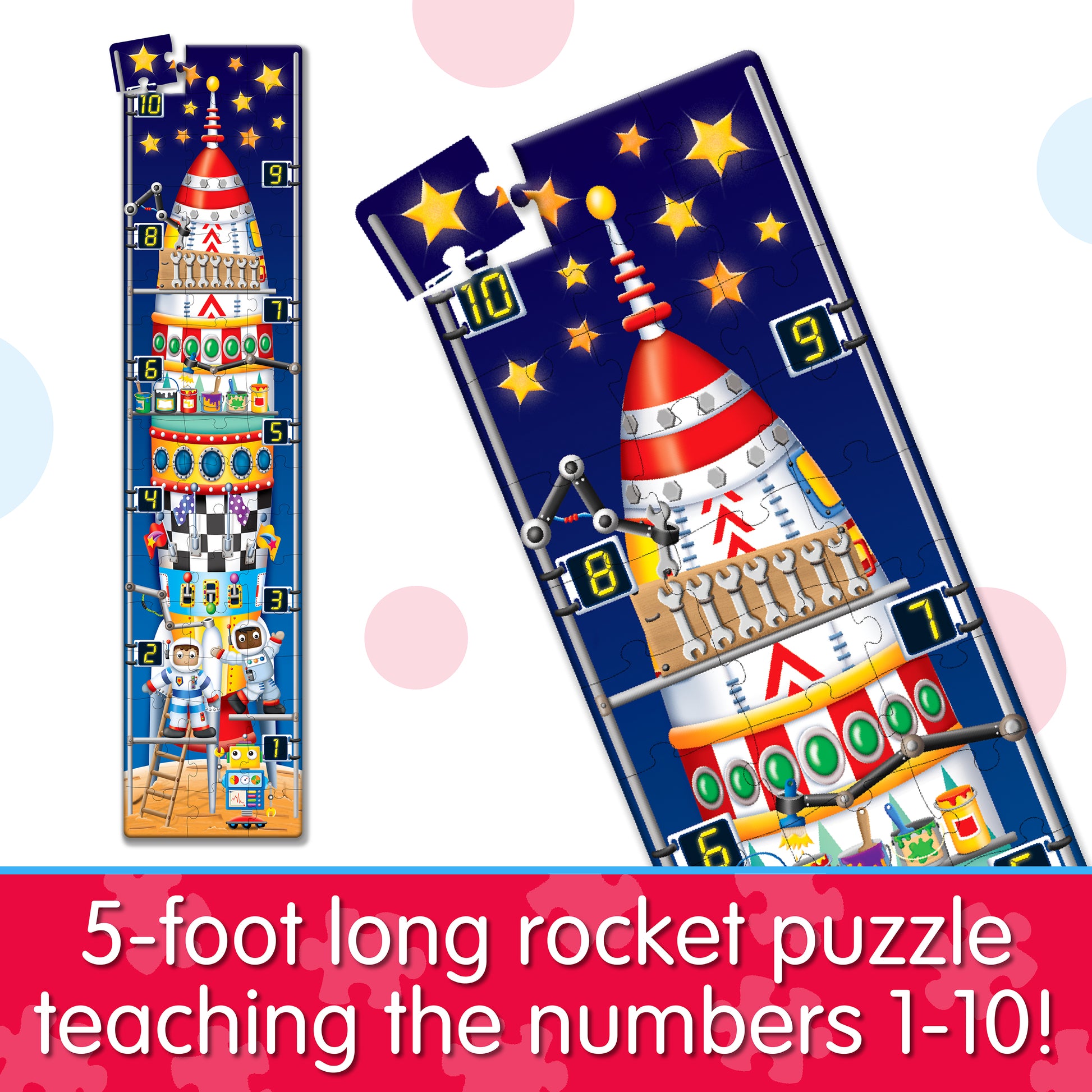 Infographic about Long and Tall 123 Rocketship Puzzle that says, "5-foot long rocket puzzle teaching the numbers 1-10!"