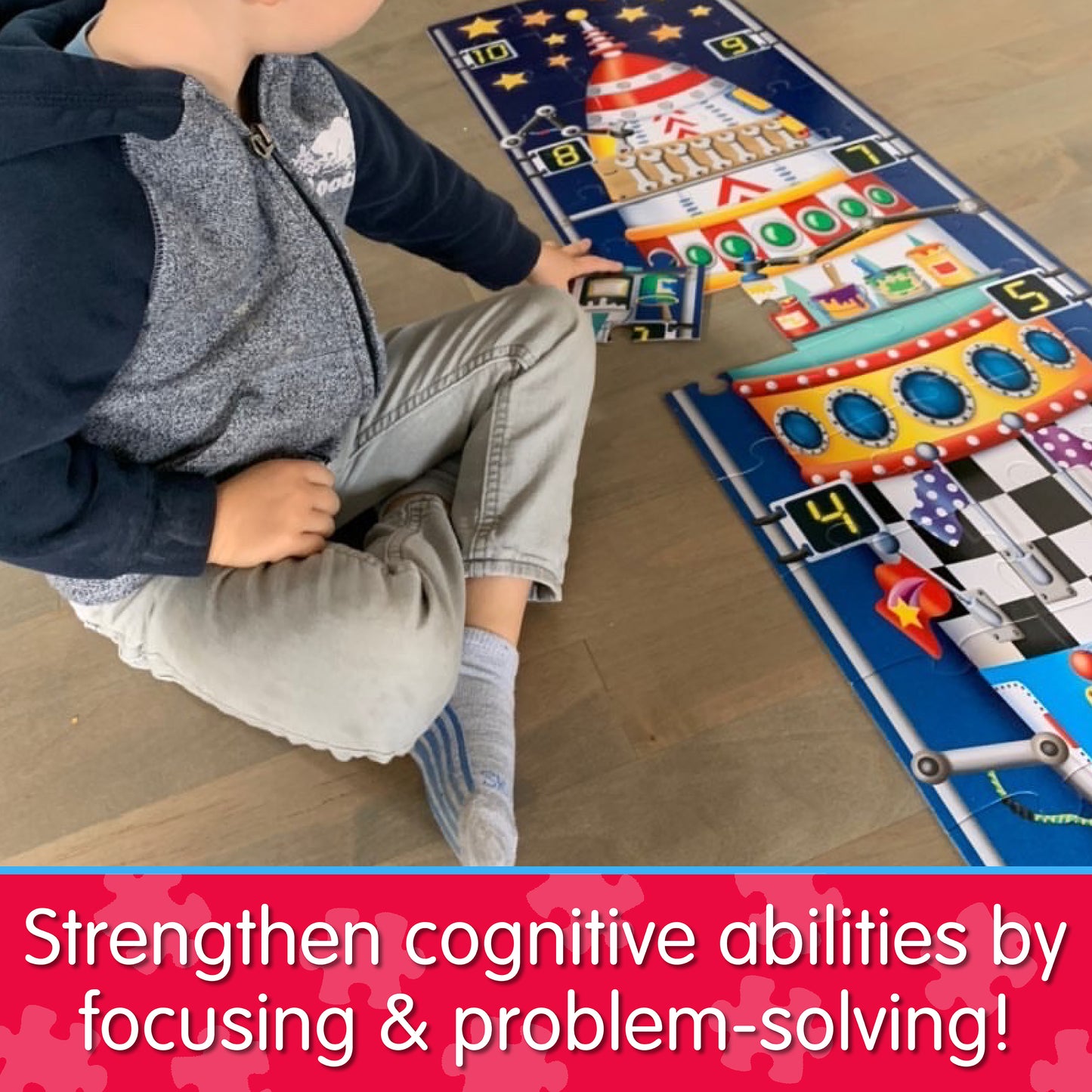 Infographic of young boy assembling Long and Tall 123 Rocketship Puzzle that says, "Strengthen cognitive abilities by focusing and problem-solving!"