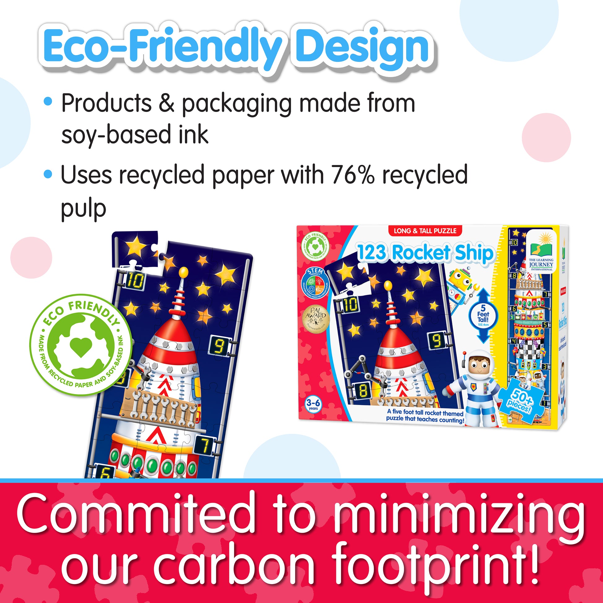 Infographic about Long and Tall 123 Rocketship Puzzle's eco-friendly design that says, "Committed to minimizing our carbon footprint!"