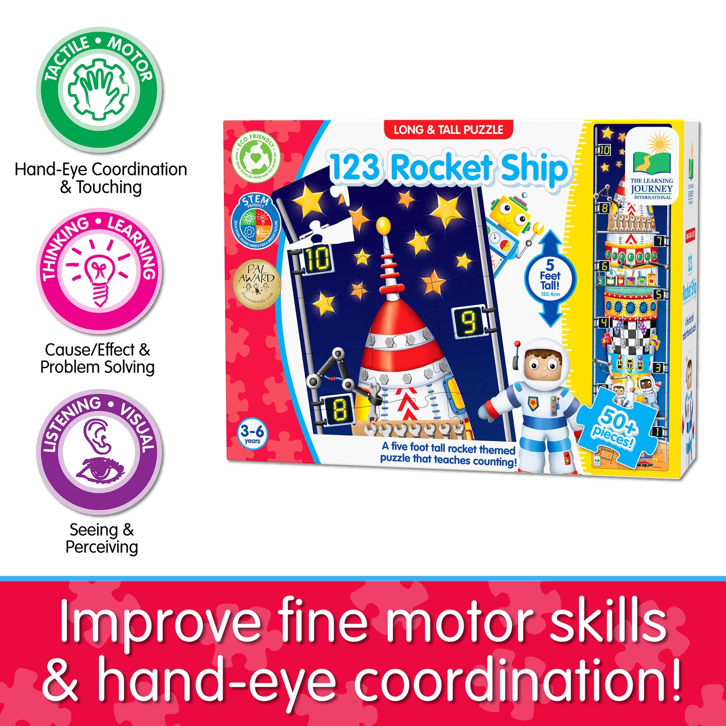Infographic about Long and Tall 123 Rocketship Puzzle's educational benefits that says, "Improve fine motor skills and hand-eye coordination!"
