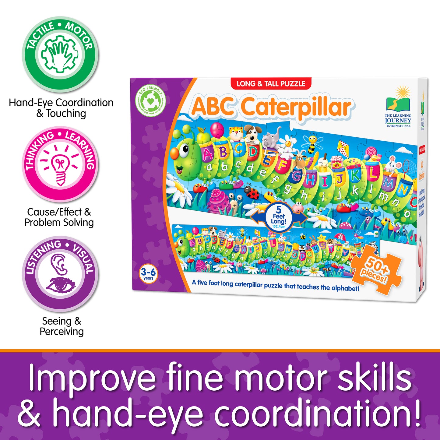 Infographic about Long and Tall ABC Caterpillar Puzzle's educational benefits that says, "Improve fine motor skills and hand-eye coordination!"