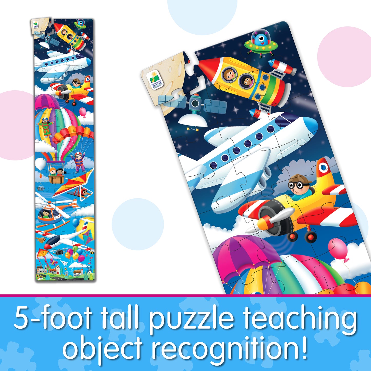 Infographic about Long and Tall Up in the Air Puzzle that says, "5-foot tall puzzle teaching object recognition!"