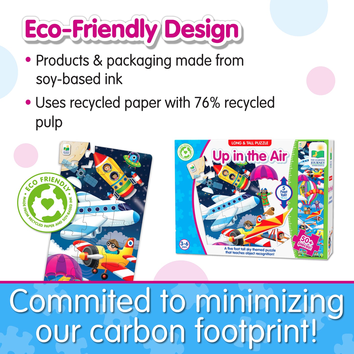 Infographic about Long and Tall Up in the Air Puzzle's eco-friendly design that says, "Committed to minimizing our carbon footprint!"