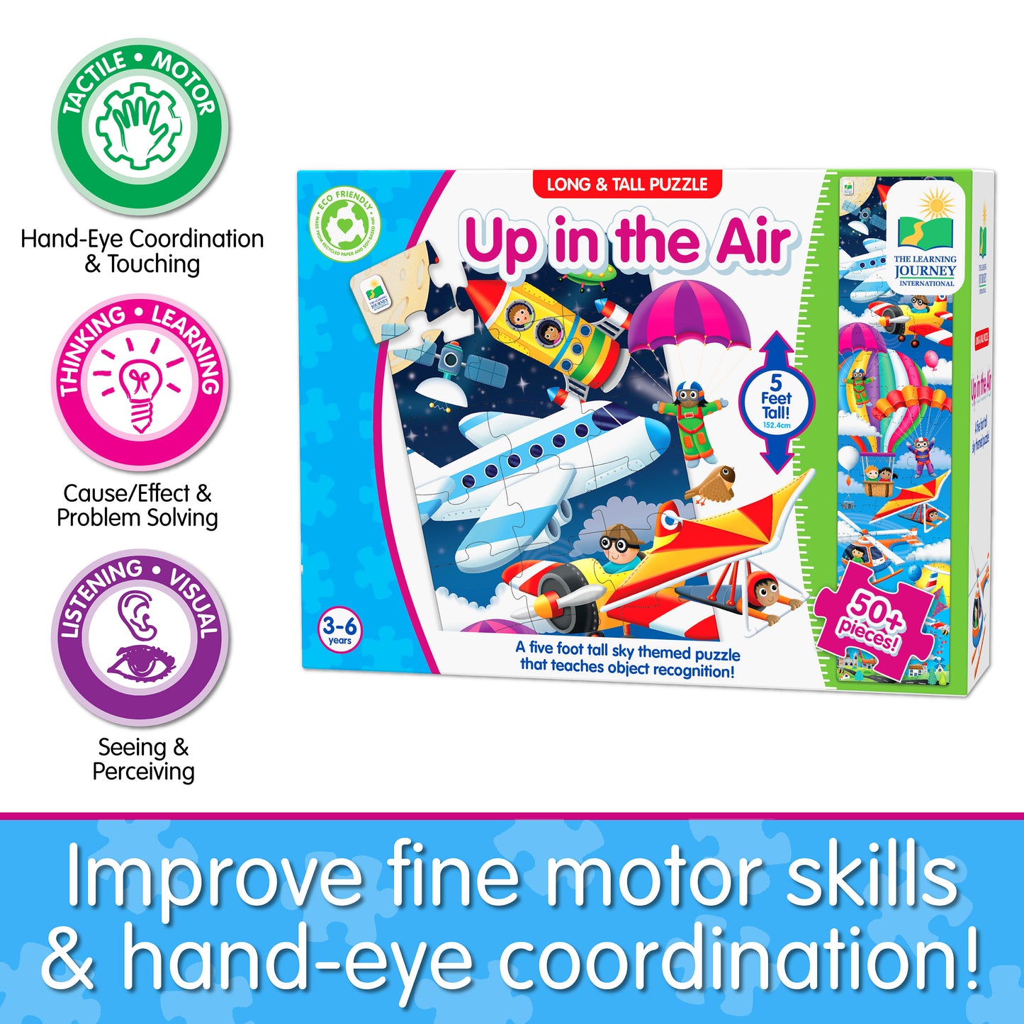 Infographic about Long and Tall Up in the Air Puzzle's educational benefits that says, "Improve fine motor skills and hand-eye coordination!"
