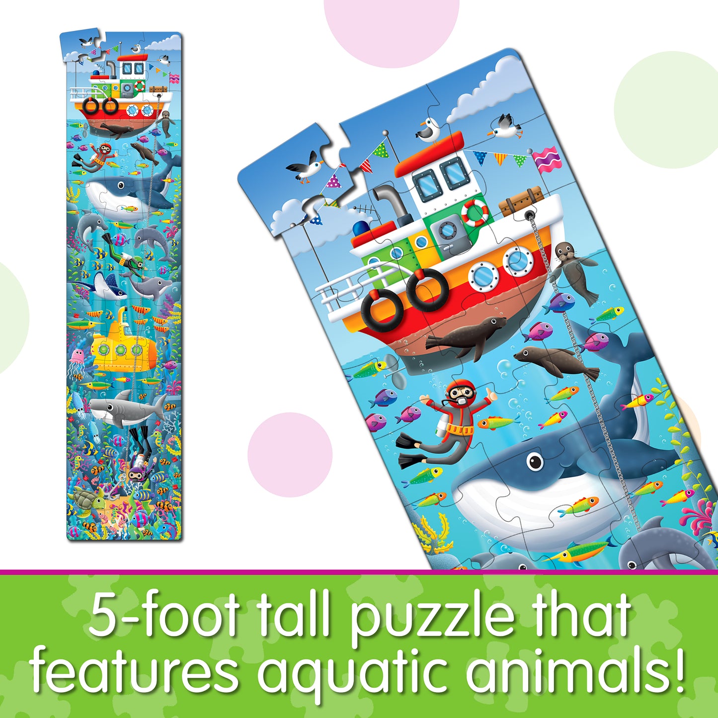 Infographic about Long and Tall Under The Sea Puzzle that says, "5-foot tall puzzle that features aquatic animals!"