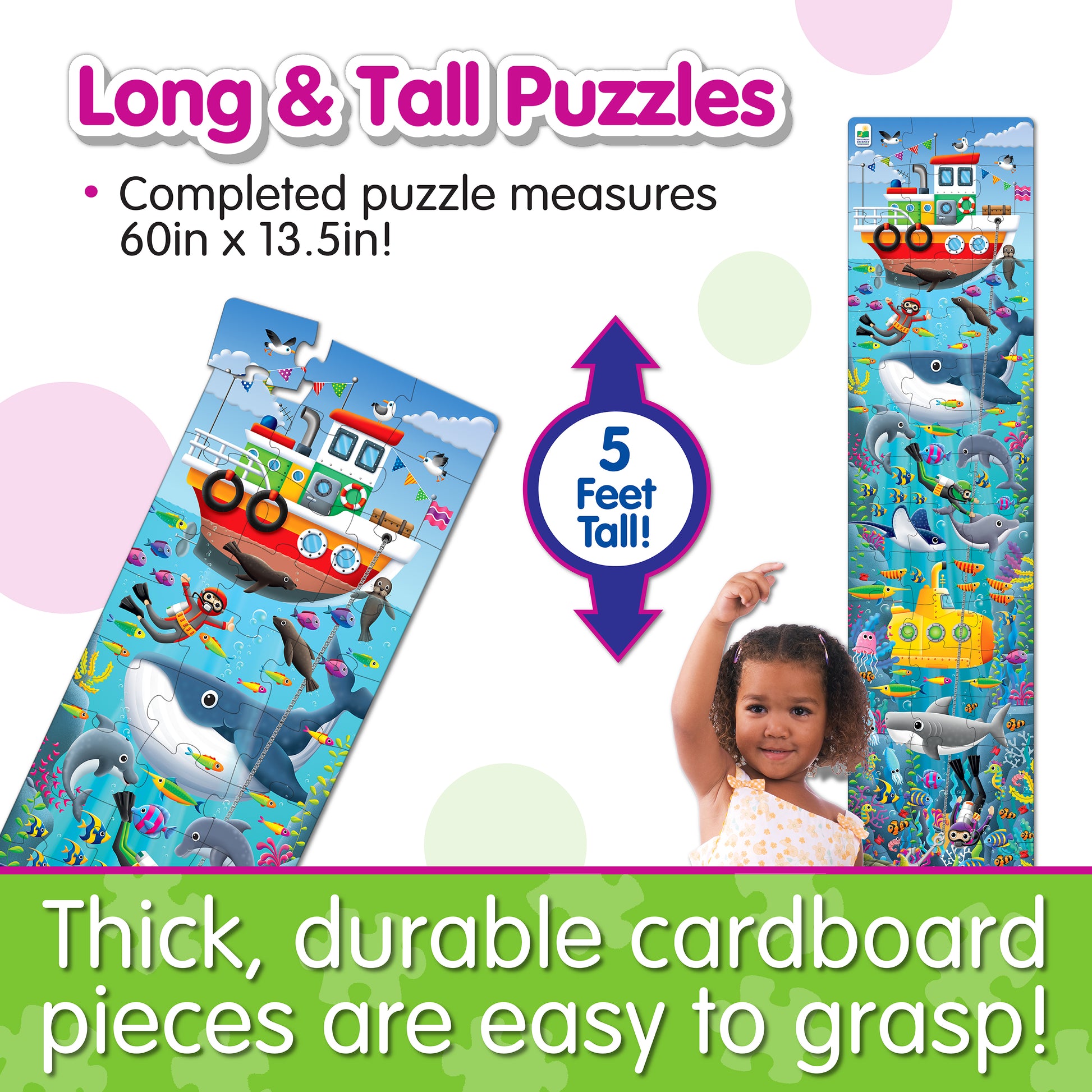 Infographic about Long and Tall Under The Sea Puzzle's features that says, "Thick, durable cardboard pieces are easy to grasp!"