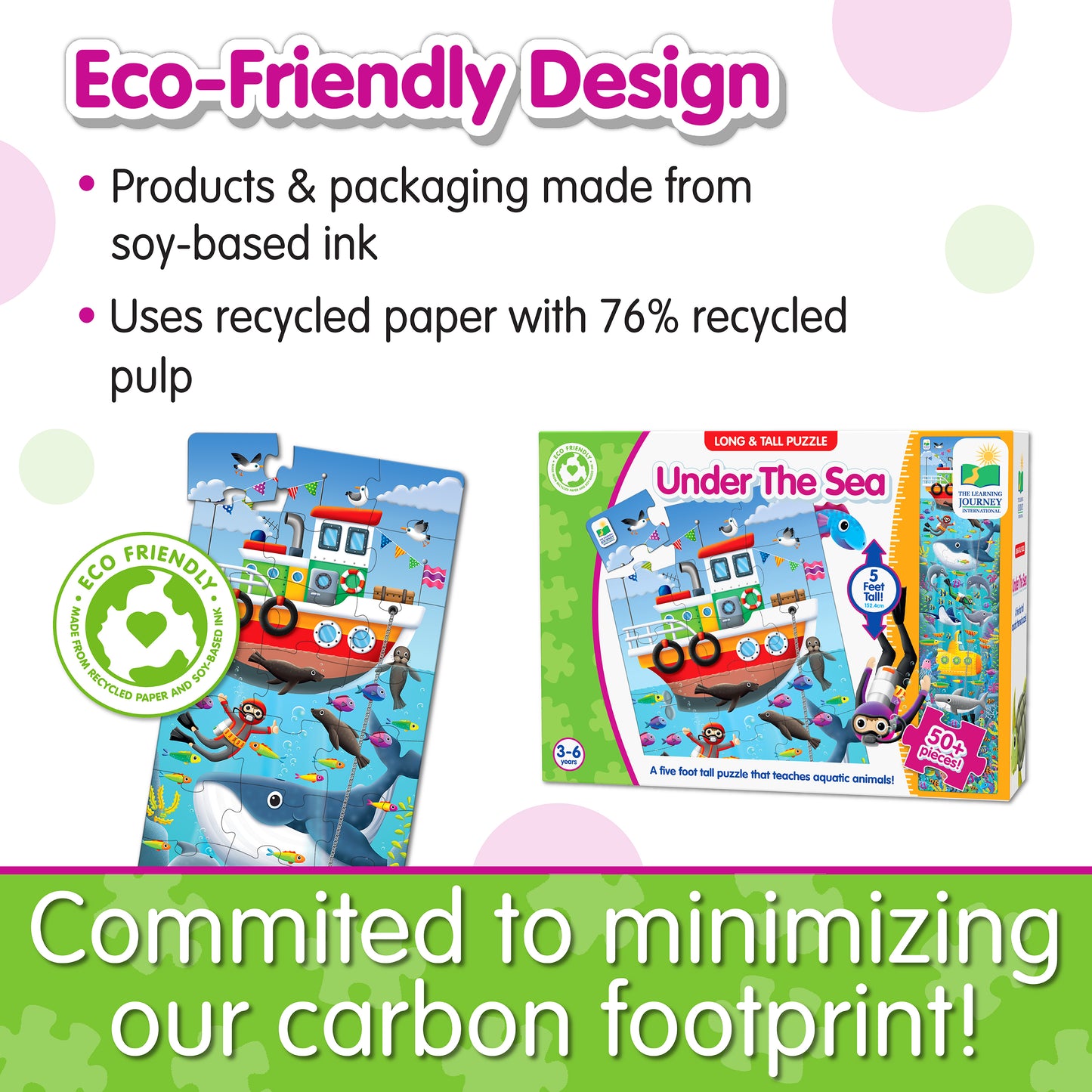 Infographic about Long and Tall Under The Sea Puzzle's eco-friendly design that says, "Committed to minimizing our carbon footprint!"