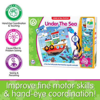Infographic about Long and Tall Under The Sea Puzzle's educational benefits that says, "Improve fine motor skills and hand-eye coordination!"