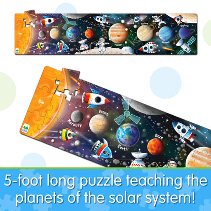 Infographic about Long and Tall Solar System Puzzle that says, "5-foot long puzzle teaching the planets of the solar system!"